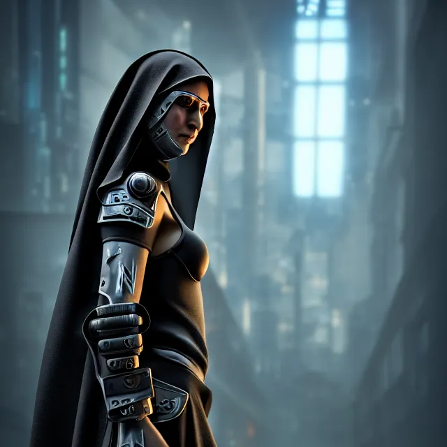 Prompt: cyberpunk nun warrior, highly detailed, 4 k, hdr, smooth, sharp focus, high resolution, award - winning photo, photorealistic