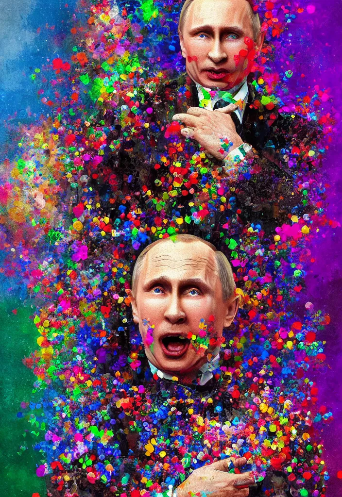 Prompt: a highly detailed portrait of Vladimir Putin as a colorful clown, gay pride flag background, intricate, digital painting, old english, particles floating, whimsical background by marc simonetti, John Singer Sargent style, masterpiece, stunning