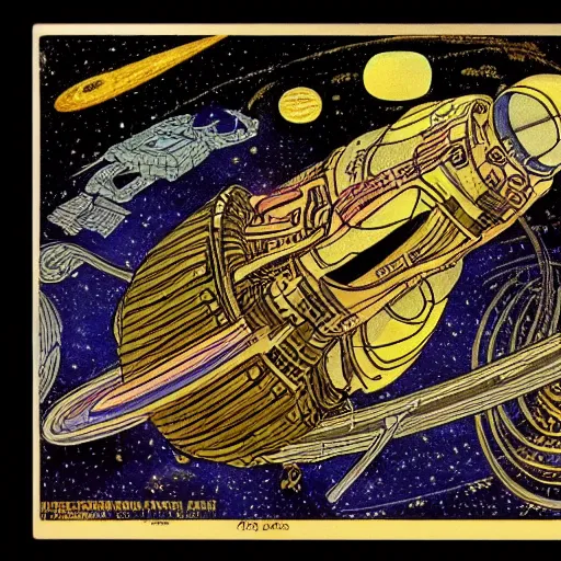 Image similar to space travel. graphical work by anatoly fomenko and bilibin and giger