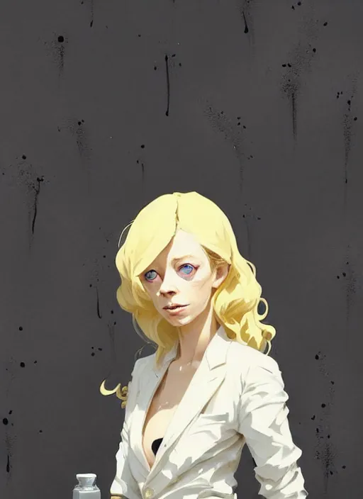 Image similar to highly detailed closeup portrait of beautiful portia doubleday, blonde wavy hair, angela moss, white suit by atey ghailan, by greg rutkowski, by greg tocchini, by james gilleard, by joe fenton, by kaethe butcher, gradient yellow, black and white color scheme, grunge aesthetic!!! ( ( graffiti tag wall background ) )