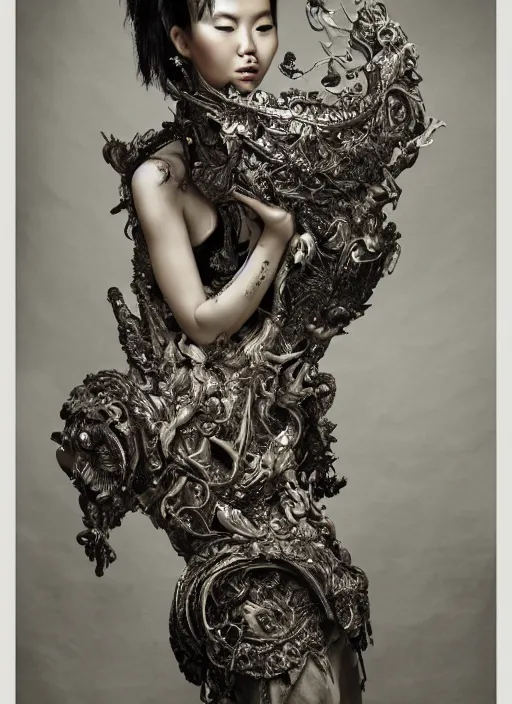 Image similar to a portrait of asian female by stefan geselle and nekro borja, photorealistic, intricate details, hyper realistic, fantasy, elegant, baroque, photorealistic, canon r 3, photography, wide shot, symmetrical features, symmetrical pose, wide angle shot, head to toe, standing pose, feet on the ground, wearable art