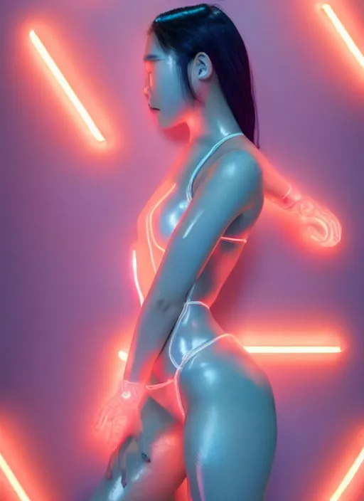 Image similar to a sensual asian female humanoid with freckled cheeks, cyber neon lighting, futurism, intricate futuristic jewelry accessories, cyberpunk glossy white latex swimsuit, profile posing, hyper photorealistic, crispy quality, digital photography, trending in artstation, trending in pinterest, cinematic, 4 k ultra hd, art by pascal blanche, art by greg rutkowski,