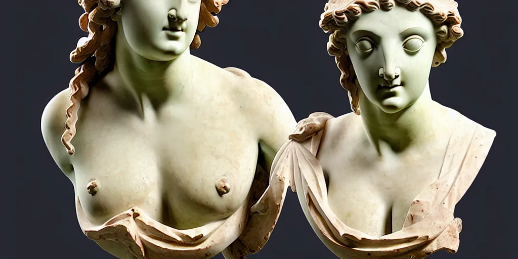 Image similar to ancienr greek sculpture, bust, multiple poses, flawless beauty, young woman as medusa