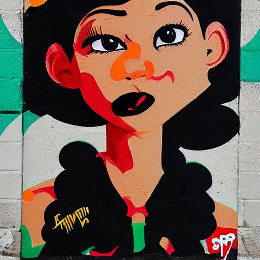 Prompt: zendaya x betty boop painting, matte paint, street art, by sachin teng x supreme : 5 marijuana, graffiti, smoke, hard edges, geometric shapes, by sachin teng : 6