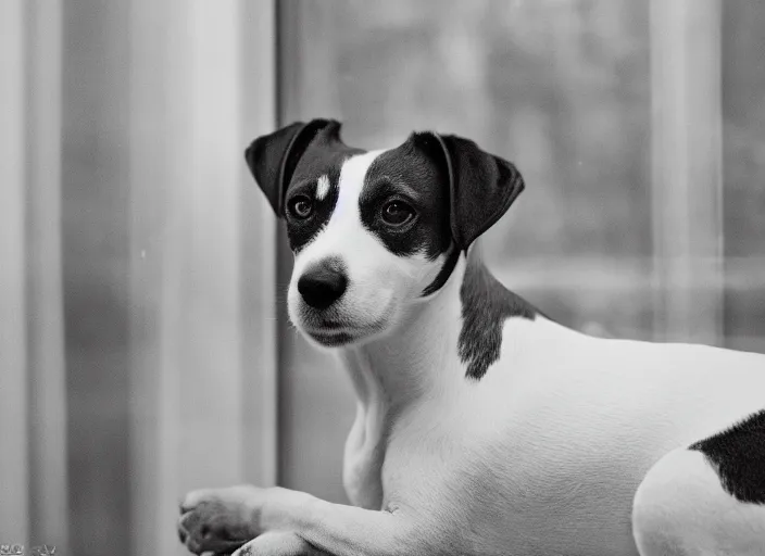 Image similar to photography of a Jack Russel . watching outside the window. on a bed. in a 70's room full of vinyls and posters, photorealistic, award winning photo, 100mm, sharp, high res