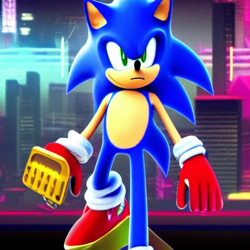 Image similar to sonic in the style of cyberpunk, night, rgb, glow