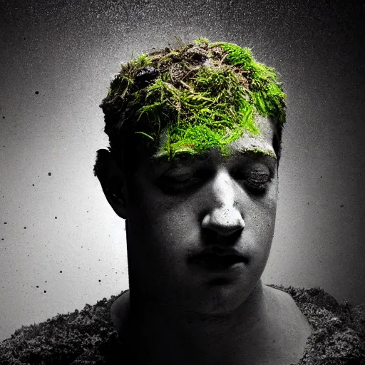 Image similar to Award-winning photograph by Mar Mann. The photo depicts a decaying roman bust of Mark Zuckerberg overgrown with moss at the bottom of the sea in the middle of ruins of civilization. Minimalism, high definition, perfect composition. Deep sea picture. Very dark. Volumetric Lighting. Fish. Darkness. Ruins