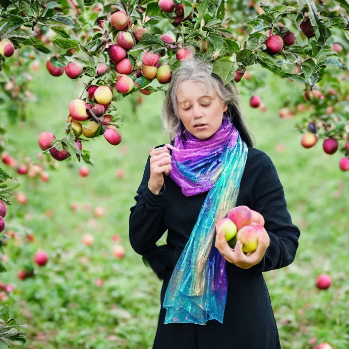 Prompt: a closeup portrait of a woman wearing a muddy iridescent holographic scarf, picking apples from a tree in an orchard, foggy, moody, photograph, by vincent desiderio, canon eos c 3 0 0, ƒ 1. 8, 3 5 mm, 8 k, medium - format print