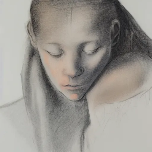 Prompt: a girl with a spider, charcoal on paper, bright pastel colors, by Pontormo