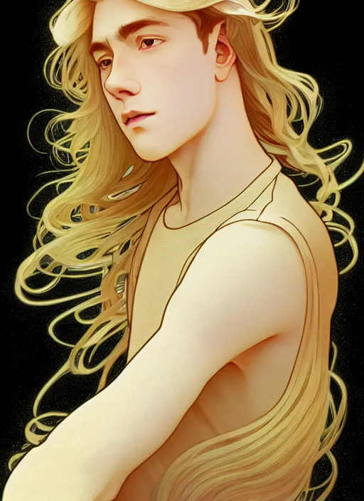 Image similar to pretty young man with shoulder length shiny shimmering golden blond hair, path traced, highly detailed, high quality, digital painting, by studio ghibli and alphonse mucha, leesha hannigan, disney