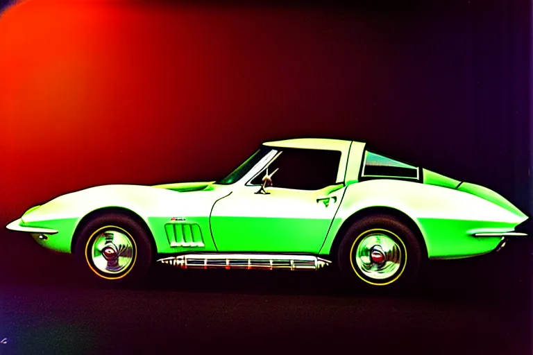 Prompt: stylized poster of a single 1 9 6 8 corvette, thick neon lights, ektachrome photograph, volumetric lighting, f 8 aperture, cinematic eastman 5 3 8 4 film