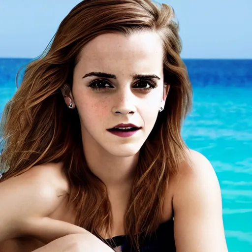 Image similar to sultry Emma Watson relaxing on a French beach, award winning, photorealistic portrait, 8k