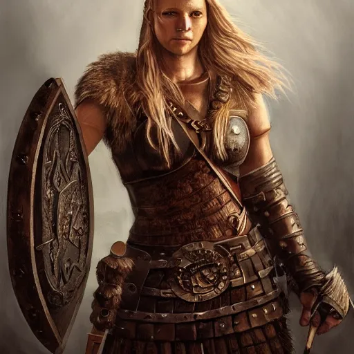 Image similar to viking shield maiden, painted by othon nikolaidis. 4 k, 8 k, hyper detailed, concept art master work, trending on artstation, beautiful, gorgeous, mythic, dramatic lighting,