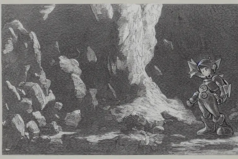 Prompt: Megaman as Pikachu, Gustave Dore lithography