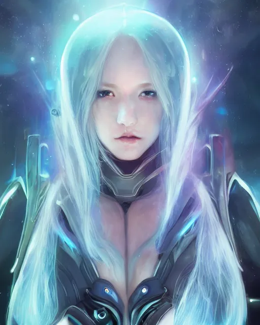 Image similar to perfect android girl on a mothership, warframe armor, beautiful face, scifi, futuristic, galaxy, nebula, bae suzy, dreamy, long white hair!!!, blue cyborg eyes, sharp focus, cinematic lighting, highly detailed, artstation, divine, by gauthier leblanc, kazuya takahashi, huifeng huang