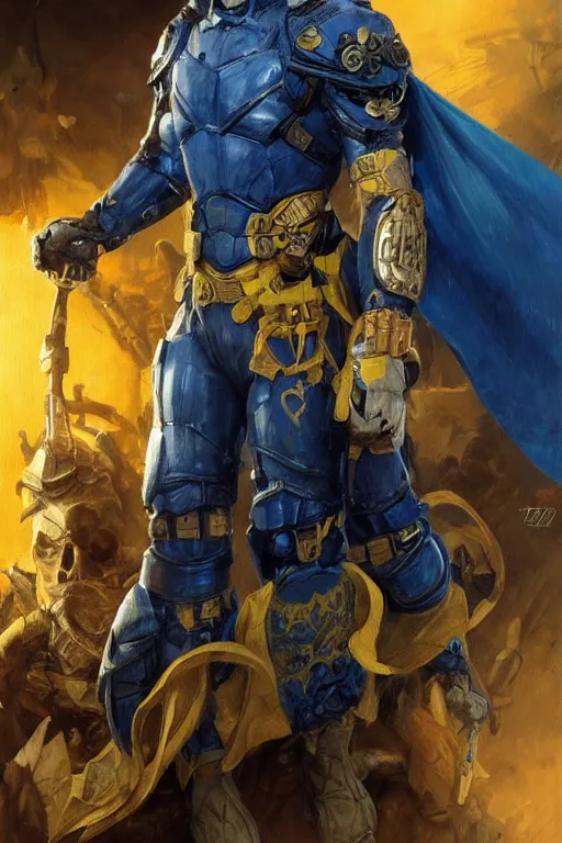 Image similar to shot of Vladimir Zelenskiy as a super soldier with Ukrainian blue and yellow flag on his back, handsome, fantasy, intricate, pile of skulls under his feet, elegant, highly detailed, digital painting, artstation, concept art, smooth, sharp focus, illustration, art by artgerm and greg rutkowski and alphonse mucha