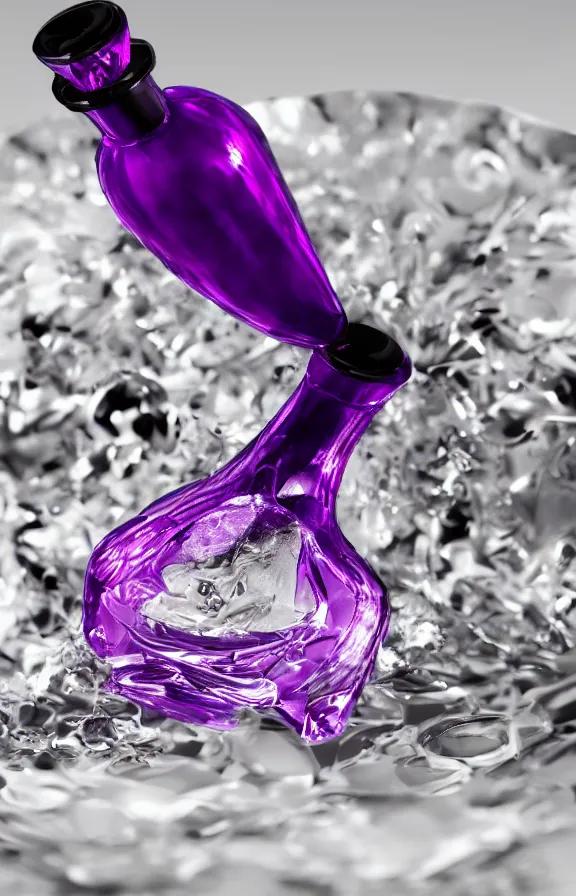Prompt: close up shot of premium perfume bottle containing purple liquid placed on a black table, ultra detail, commercial, designer product, cinematic lighting, hd artstation, symmetrical, rendered, 4k