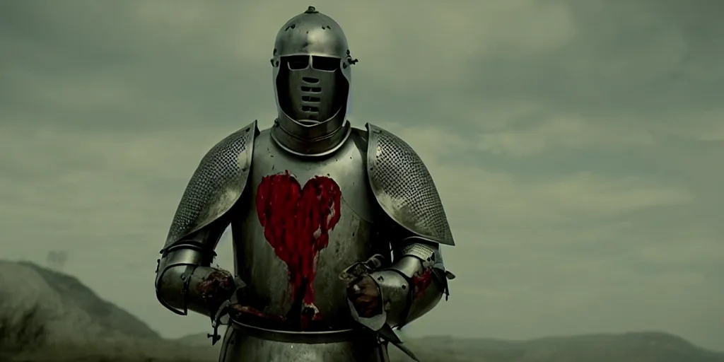 Prompt: film still of closeup a knight with a bloody heart in his hand by emmanuel lubezki