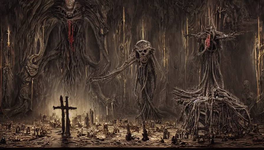 Prompt: a dark rotting alien priest conducts a ceremony, alien church, blood, crosses, religion, death, fear, horror, ultra realistic, hyperrealism, fine details, detailed and intricate environment, by barlowe, by wayne, by gigger, 4 k