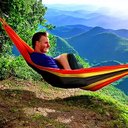 Image similar to relaxing in a hammock on top of a mountain, amazing views, award winning photography, highly detailed