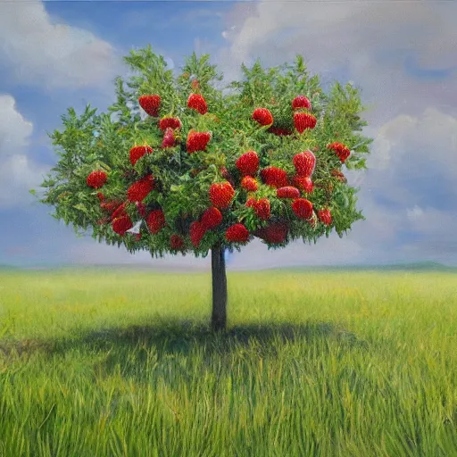 Prompt: photo of a strawberry tree, in the middle of a field with high wavy grass, oil painting, photorealistic