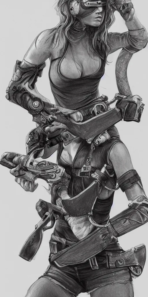 Prompt: a beautiful drawing of an attractive blindfolded woman wielding a chainsaw, highly detailed, featured on artstation, body shot