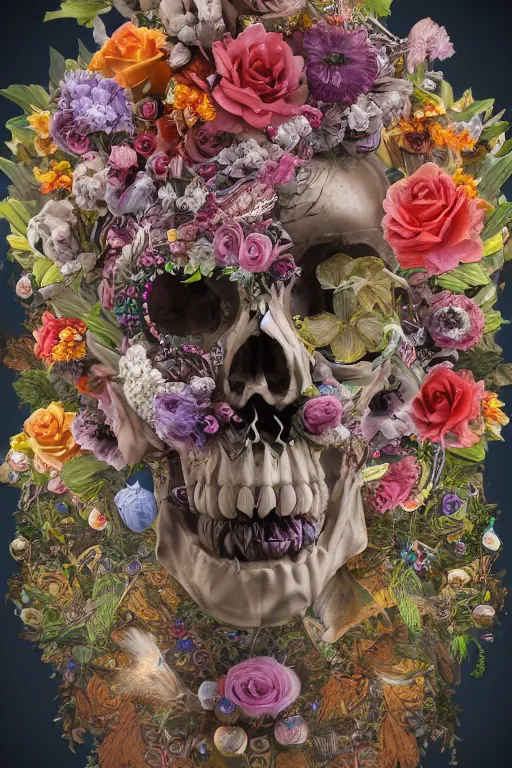 Image similar to zoom in 3 d render of cyborg skull made of flowers holding birds, ornaments, mucha vibe, dieselpunk, solarpunk, artstation, andrei riabovitchev