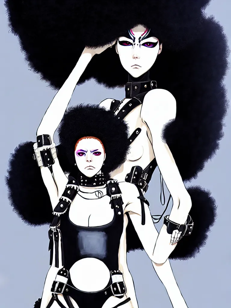 Image similar to one fierce looking beautiful young woman with afro hair and symmetrical white makeup, mad max, black leather straps, wearing intricate bodysuit and headdress made from white bones and black feathers, painted by makoto shinkai, studio ghibli,