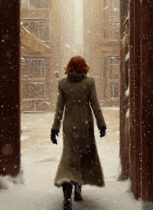 Image similar to back of emma stone in beige coat, walking into new york apartment building in winter, opening door, building entrance, snow, zoomed out, artwork by gaston bussiere, craig mullins, trending on artstation