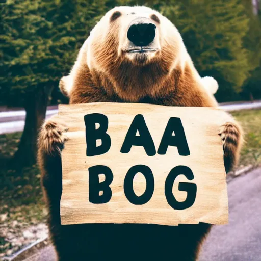 Image similar to ! bear! holding a sign that says bear, 5 0 mm lens, bokeh, good lighting