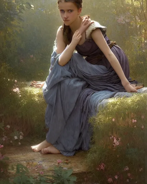 Image similar to a portrait painting of a shy, blushing 1 6 - year old alicia vikander or millie bobby brown as a princess lying on her back on a wooden floor, hair fanned around, intricate, elegant, highly detailed, artstation, concept art, by krenz cushart and donato giancola and william adolph bouguereau and alphonse mucha