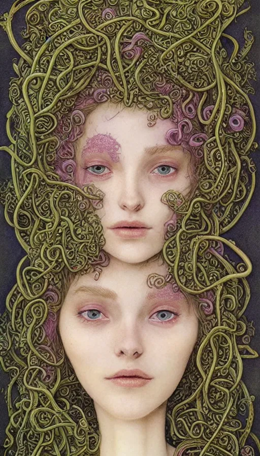 Image similar to very detailed portrait of a 2 0 years old girl surrounded by tentacles, the youg woman visage is blooming from fractal and vines, by brian froud