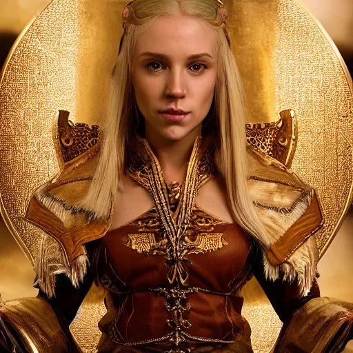 Prompt: the elder scrolls vi, charismatic regal blonde high elf female jarl, portrait, exquisitely designed throne room, atmospheric lighting, painted, intricate, volumetric lighting, beautiful, daytime, sunny weather, sharp focus, deep colours, ultra detailed, by leesha hannigan, ross tran, thierry doizon, kai carpenter, ignacio fernandez rios