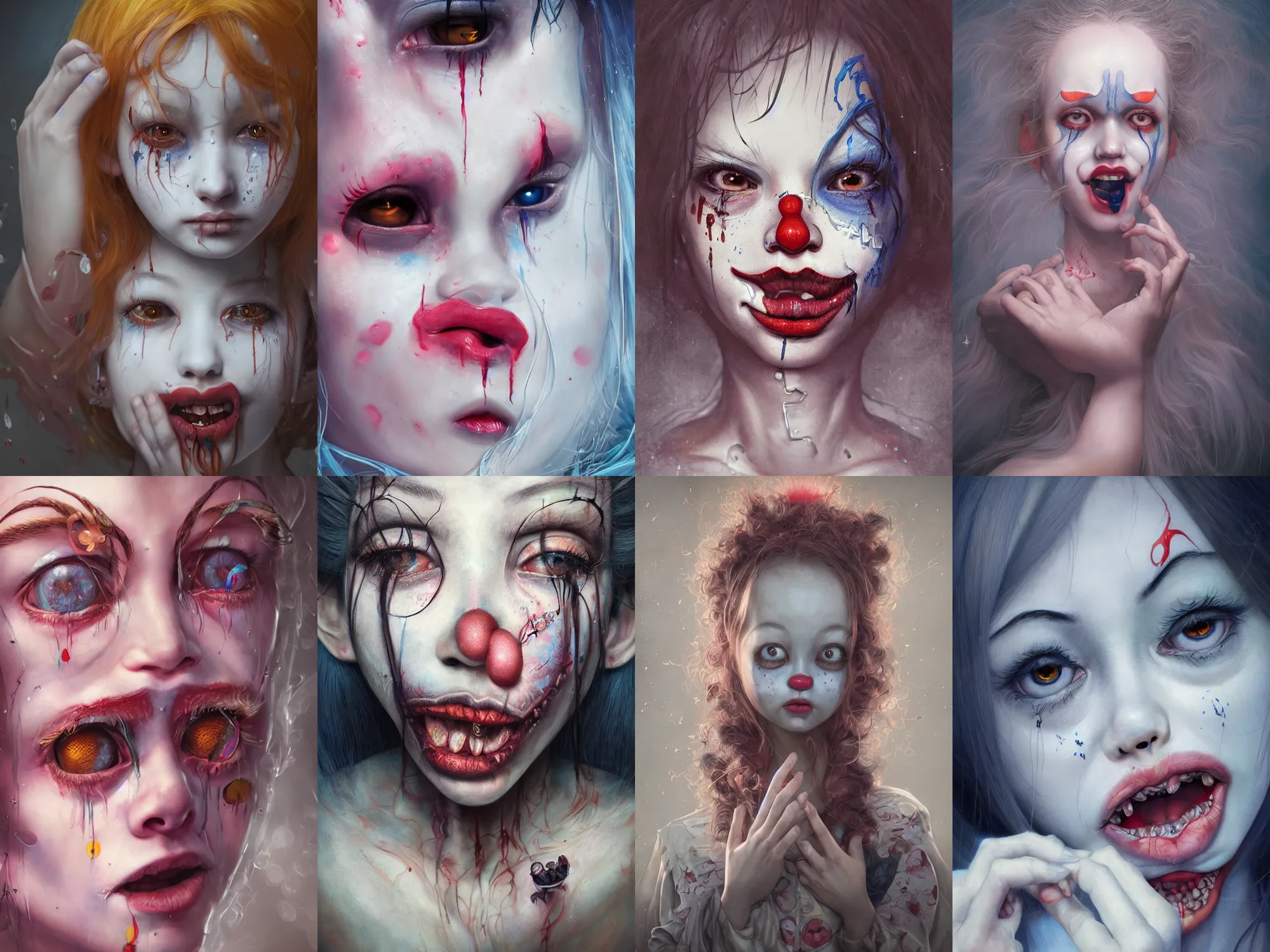 Image similar to breathtaking detailed painting of clown girl crying, piercing eyes, james jean, miho hirano, extremely moody lighting, hyperrealistic, octane render, rpg portrait, ambient light, dynamic lighting