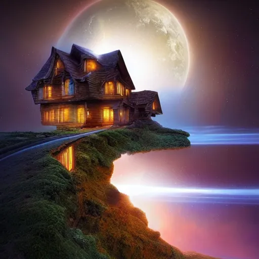 Prompt: amazing photo of a house in a planet without gravity, digital art, by marc adamus, beautiful dramatic lighting