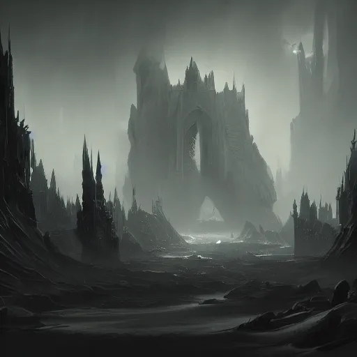 Image similar to fantasy depiction of the realm of shadows, low saturation, high contrast, mostly greyscale, in the style of marcin rubinkowski, greg rutkowski, lorenzo lanfranconi, oleg zherebin, trending on artstation