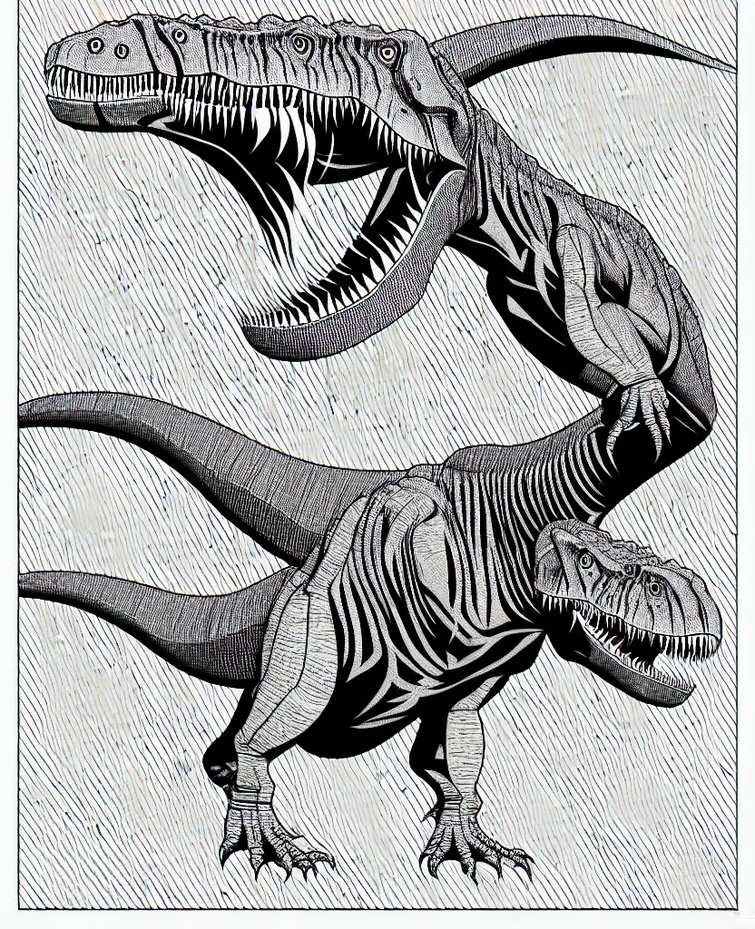 Image similar to tyrannosaurus rex walking around, symmetrical, accurate, simple clean black lines, black and white, white background and fill, coloring book, comic book, graphic art, line art, vector art, by martina matteucci, pavel shvedov, peter lundqvist, diane ramic, christina kritkou, artstation