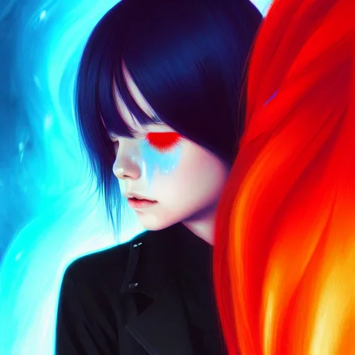 Image similar to red water swirling around rimuru tempest crying, enveloped in ghosts, sky blue straight hair, bangs, with amber eyes, black jacket, high collar, ultra fine detaile, dark theme, digital painting, psychedelic, cinematic, wlop, pixiv, ilya kuvshinov, ross tran