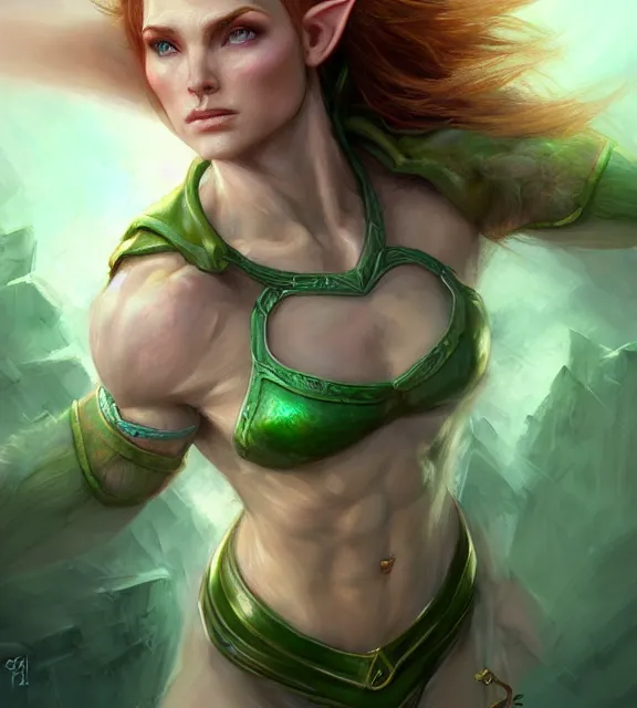 Prompt: muscular female elf, perfect face, tiara, pale green halter top, auburn hair, abs, cinematic, blush, stunning, athletic, strong, agile, highly detailed, psychedelic, digital painting, artstation, smooth, hard focus, illustration, art by jessica rossier and and brian froud