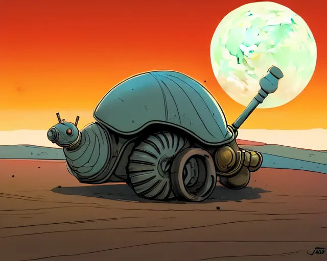 Image similar to a study of cell shaded cartoon of a mechanized snail on a desert road, in front of a big moon illustration, wide shot, muted colors, post grunge, concept art by josan gonzales and wlop, david rubin, mike mignola, laurie greasley, highly detailed, sharp focus, trending on artstation, hq, deviantart, art by artgem