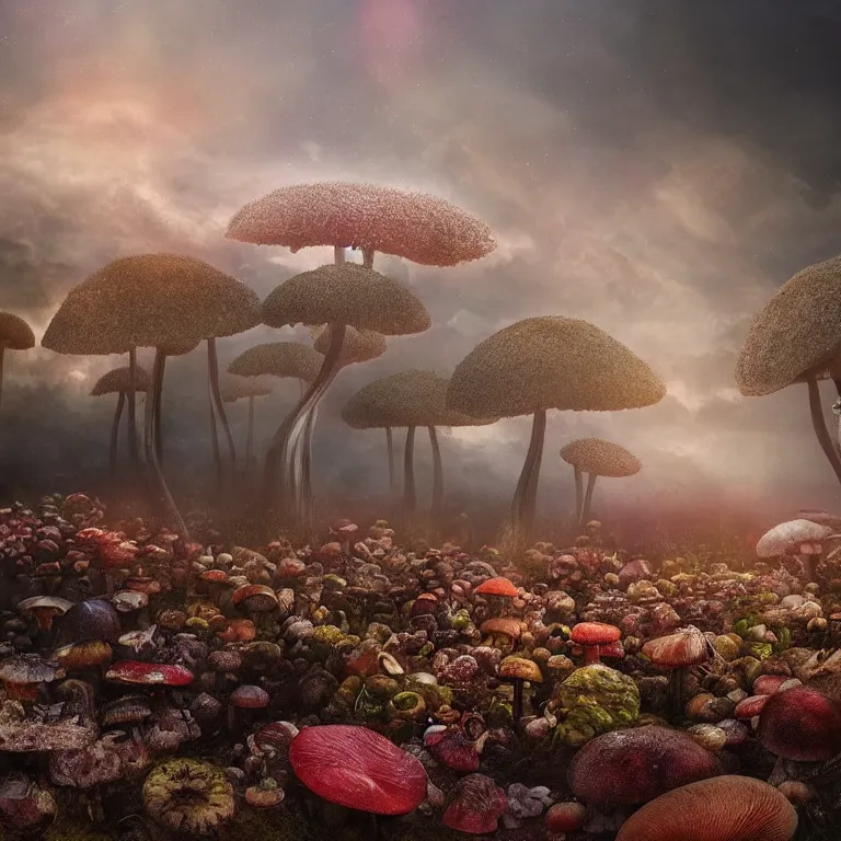 Image similar to a planet of various fungus, mushrooms and plants, inside the picture is infinity, sunset light, Atmospheric phenomenon, artistic photography, muted colors, conceptual, long exposure outside the city, volumetric light