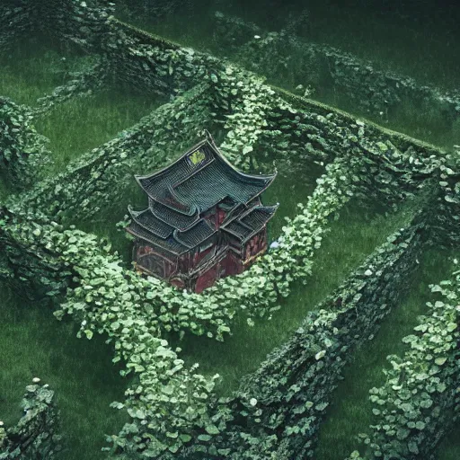 Image similar to a giant ancient chinese castle in forest with some ivy plants on the walls, by zhang zeduan, qiu ying, tang yin, cinematic, epic, dramatic lighting from above, dark, vines, fantasy, dust, unreal engine, octane, highly detailed, concept art, dark, super realistic