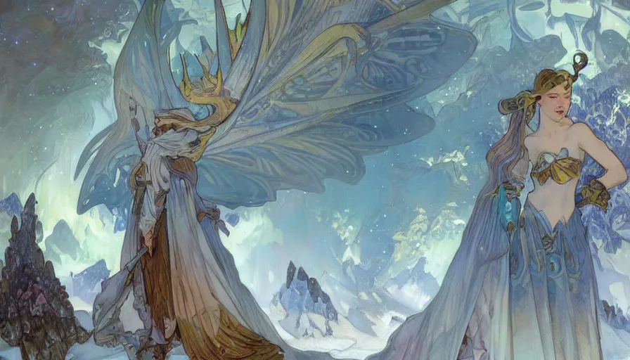 Prompt: epic ice dragon with trendy shapes in a nordic landscape under aurora and stars, set in the words of the Forgotten Realms and Guildwars2, painted by Hans Fredrik Gude, alphonse mucha and Artgerm, concept art 2022, ultra realistic masterpiece