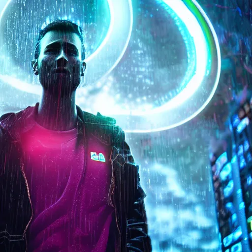 Image similar to human portrait formed out of rain, beautiful, neon, epic detail, galactic background, unreal engine