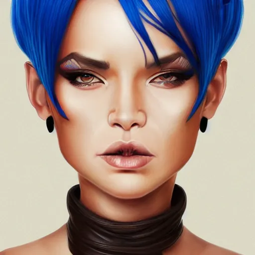 Image similar to illustrated realistic portrait of swept-back prong-horned devil woman with blue bob hairstyle and her tan colored skin and with solid black eyes wearing leather by rossdraws