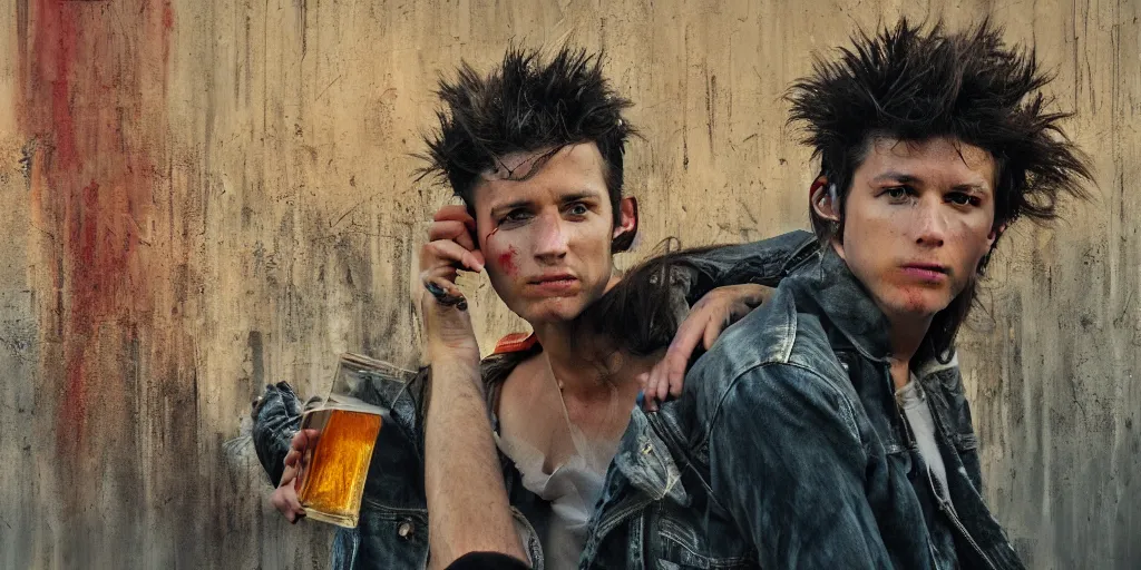 Image similar to beautiful oil matte portrait painting, 8 0 s punk sitting on top of the berlin wall drinking beer, wonderful masterpiece highly detailed, beautiful cinematic light deep focus, elegant, digital painting, smooth, sharp focus, golden ratio, dramatic illumination, ultra realistic, 8 k, art by jimmy law