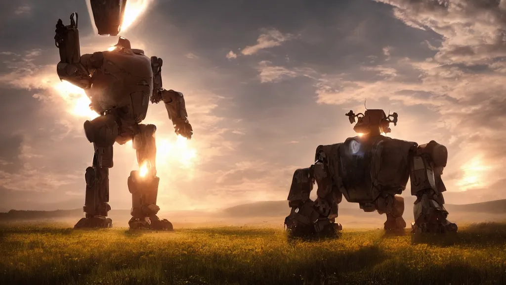 Prompt: Amazing photorealistic digital concept art of a large bipedal guardian robot in a rural setting by a barn, by James Clyne and Joseph Cross. Cinematic. LED lighting. A bright billowing explosion in the distance. Wide angle. Clean lines. Balanced composition.