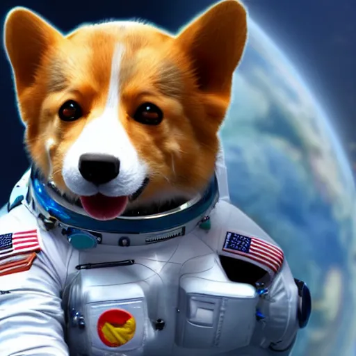 Prompt: a hyperrealistic digital render of a happy cyberpunk corgi in a spacesuit, floating in space