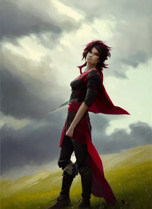 Image similar to portrait of Ruby rose of RWBY, countryside, calm, fantasy character portrait, dynamic pose, above view, sunny day, thunder clouds in the sky, artwork by Jeremy Lipkin and Giuseppe Dangelico Pino and Michael Garmash and Rob Rey, very coherent asymmetrical artwork, sharp edges, perfect face, simple form, 100mm