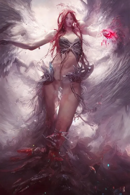 Image similar to beautiful girl sorcerer exploding with blood and ice, casting magic spell, angel, fantasy, magic the gathering, hyper detailed, 3 d render, hyper realistic detailed portrait, peter mohrbacher, wlop, ruan jia, luis royo